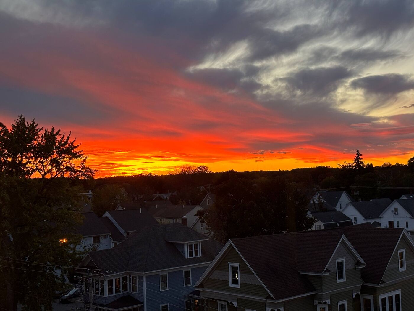 Sunset over rooftops in New England